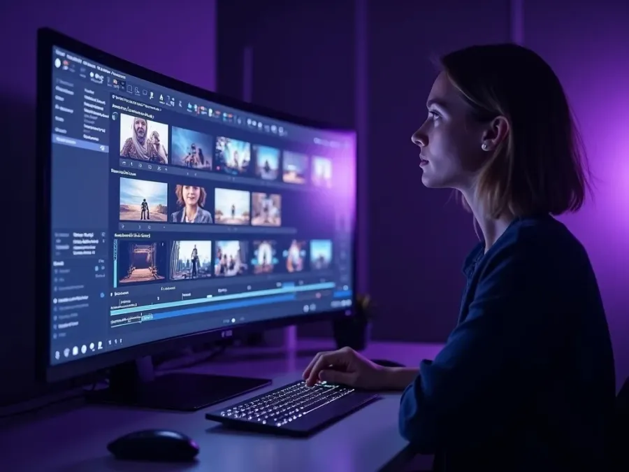 A creator directing AI-generated scenes assembling into a storyboard