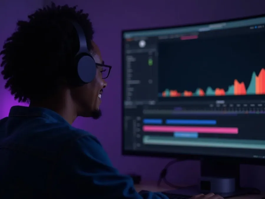 Colorful voiceover waveforms flowing from a video timeline